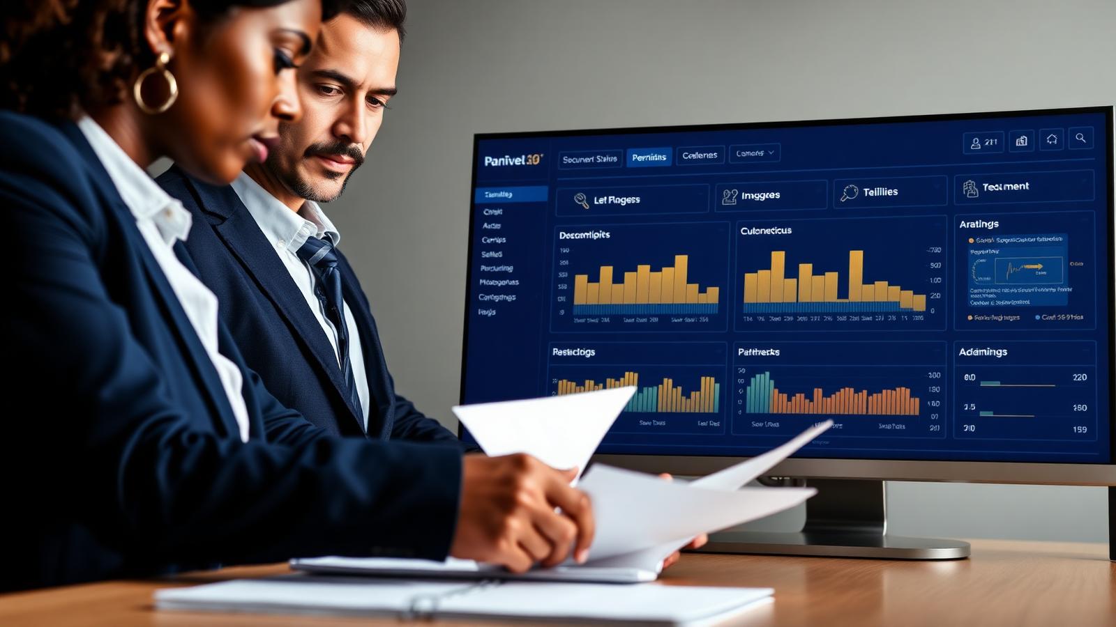Dos profesionales revisando documentos junto a un dashboard digital de gestión.