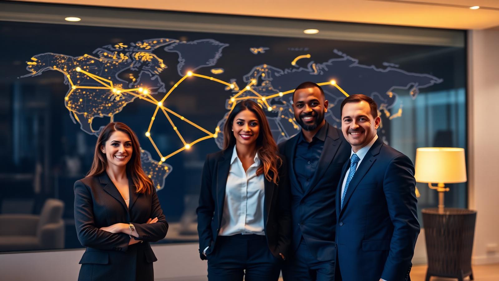 Equipo multicultural frente a un mapa tecnológico que conecta Europa, África y América Latina.