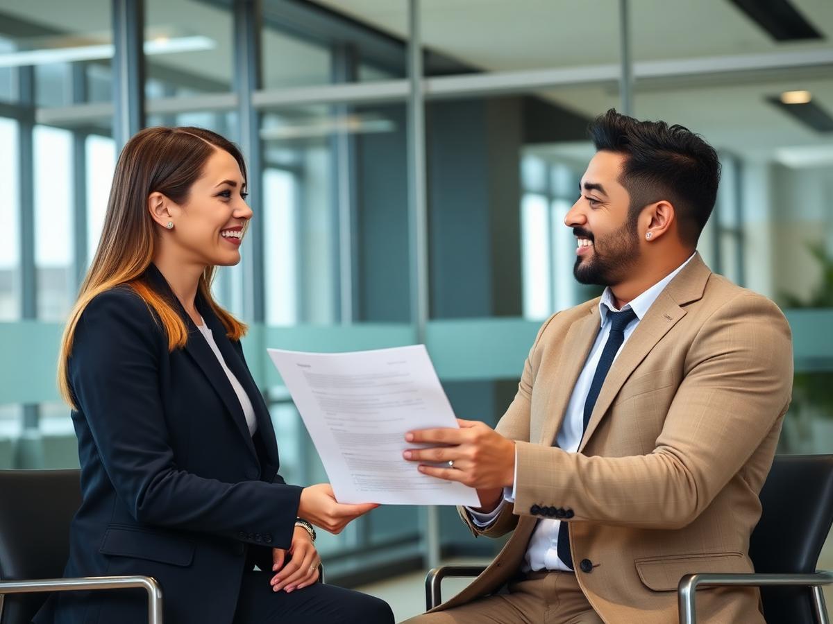 Especialista de selección entrevistando a un profesional internacional en una oficina moderna.