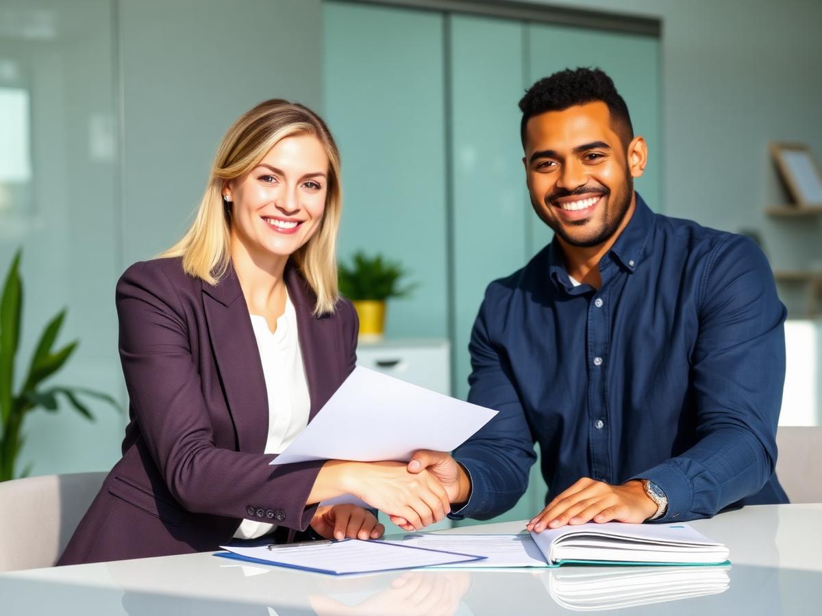 Responsable de RRHH y trabajador firmando un contrato laboral genérico.