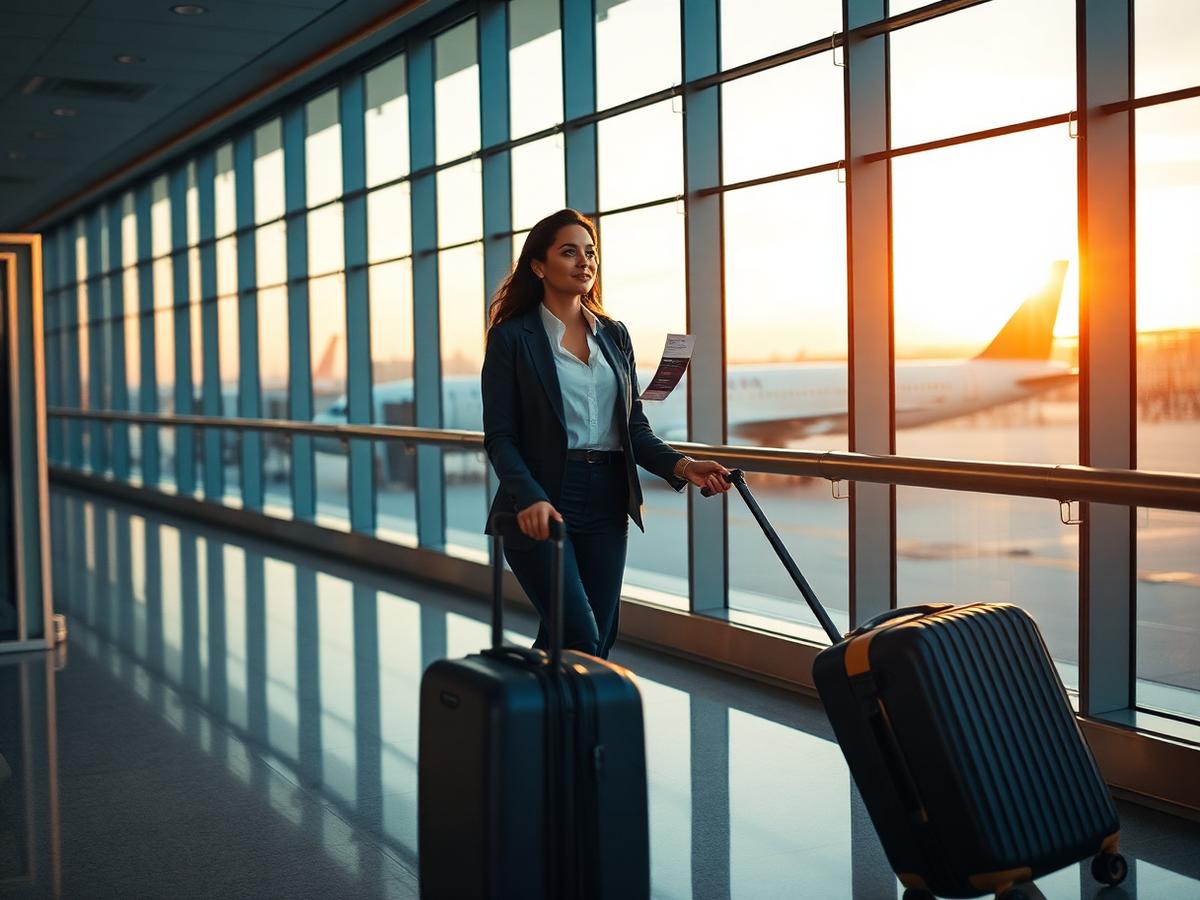 Viajera internacional con maleta y billete en la terminal de un aeropuerto.